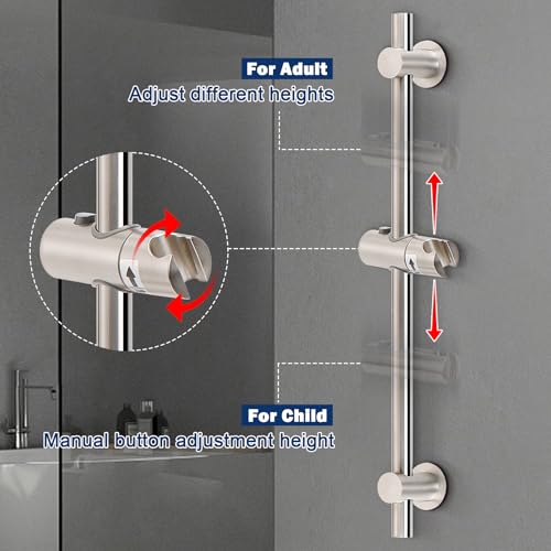 NearMoon Shower Slide Bar with Height/Angle Adjustable Handheld Shower Holder, Bathroom SUS 304 Stainless Steel Shower Head Holder for Bath (Adhesive, Brushed Nickel) - color: Brushed Nickel, style: Adhesive