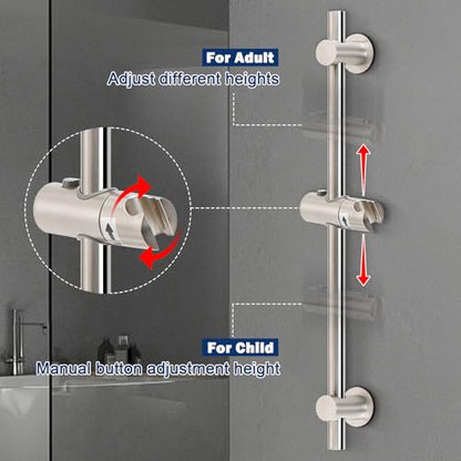 NearMoon Shower Slide Bar with Height/Angle Adjustable Handheld Shower Holder, Bathroom SUS 304 Stainless Steel Shower Head Holder for Bath (Adhesive, Brushed Nickel) - color: Brushed Nickel, style: Adhesive
