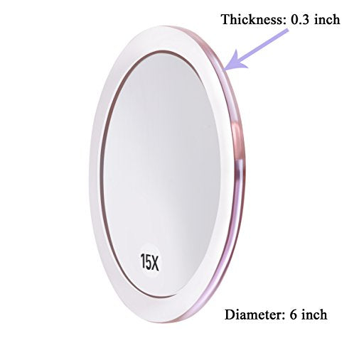 SANTOO 15X Magnifying Mirror - with 3 Mounting Suction Cups - Used for Precise Makeup - Eyebrows/Tweezing - Blackhead/Blemish Removal - Bathroom/Travel Makeup Mirror - 6 Inch Round (Rose Gold) - color: 15x