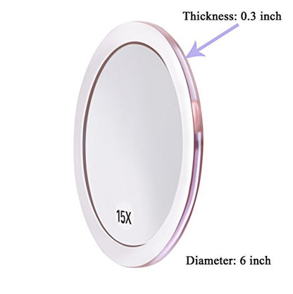 SANTOO 15X Magnifying Mirror - with 3 Mounting Suction Cups - Used for Precise Makeup - Eyebrows/Tweezing - Blackhead/Blemish Removal - Bathroom/Travel Makeup Mirror - 6 Inch Round (Rose Gold) - color: 15x
