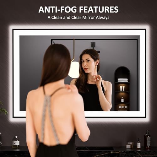 LOAAO 48"X32" LED Bathroom Mirror Black Framed | Anti-Fog, Dimmable, Memory Function, Tempered Glass, Lighted Vanity Mirror for Wall - size: 48"L x 32"W