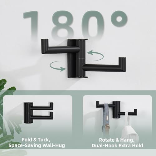 Aomasi Matte Black Rotating Double Towel Hooks 2 Pack, 304 Stainless Steel Swivel Wall Hooks with 2 Arms, Space Saving Towel Hangers for Bathroom Kitchen - color: Matte Black, size: 2 Pack