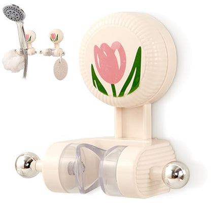 Handheld Shower Head Holder - Adjustable Suction Cup Bracket for Bathroom Wall Mount with Hook for Towels,Shower Ball,Shower Loofah, Medium, White