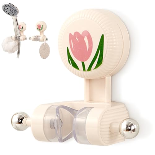 Handheld Shower Head Holder - Adjustable Suction Cup Bracket for Bathroom Wall Mount with Hook for Towels,Shower Ball,Shower Loofah, Medium, White