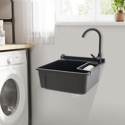 Wall-Mounted Utility Sink Tub Kit with Aluminum Alloy Faucet and Soap Box,Black Anti-clogging Laundry Sink for Bathrooms, Sundry Rooms, Garages(20.08 * 17.52 * 9.45in) - color: Black