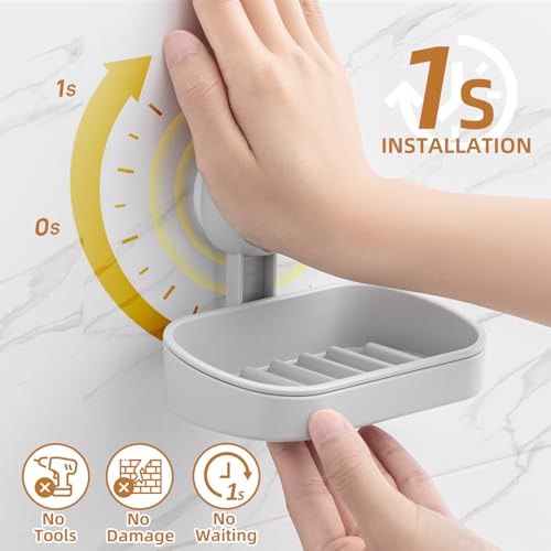 Soap Holder, Soap Dish for Shower, Suction Cup Bar Soap Holder | Soap Bar Holder for Shower, Wall Mounted Self Draining, NO Drill Sponge Holder for Bathroom, Bathtub Kitchen Sink, Grey - style: 1 tier Grey