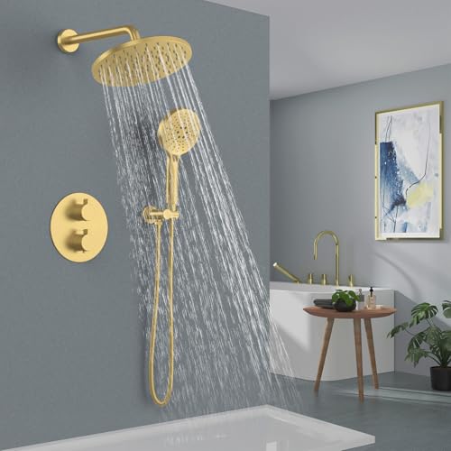Iriber Thermostatic Shower System Wall Mount with 10 Inch Roud Rainfall Shower Head and Handheld,Shower Faucet Mixer Trim Kit (Valve Included),Brushed Gold - color: Brushed Gold 03