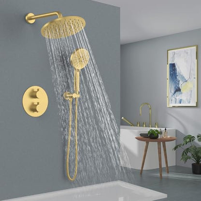 Iriber Thermostatic Shower System Wall Mount with 10 Inch Roud Rainfall Shower Head and Handheld,Shower Faucet Mixer Trim Kit (Valve Included),Brushed Gold - color: Brushed Gold 03