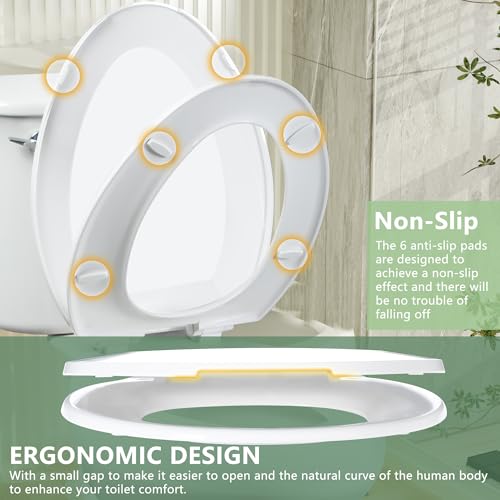 Angol Shiold Elongated Toilet Seat - Slow Close Hinges, Ergonomic Design with Grip-Tight Bumpers, Safe Easy-Clean PP Material (White, 18.5" Elongated) - color: White, size: Elongated 18.5‘’