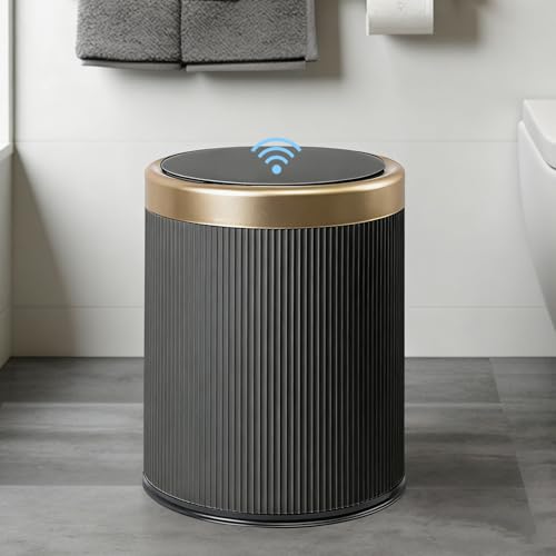 URALFA Bathroom Trash Can Automatic Touchless, Motion Sensor Trash Can | 2.8 Gal Bathroom Garbage Can with Lid, Smart Waterproof Trash Bin for Bedroom, Office, Restroom, Black and Gold - color: Dark Grey, size: 2.8 Gallon