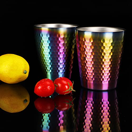 Stainless Steel Cups 2 Packs 10oz/300ml Stackable Double Wall Insulated Metal Shatterproof Cups Titanium-Plated Diamond Textured Surface Heat Resistant Dishwasher Safe (Rainbow) - color: Rainbow - 2 Packs