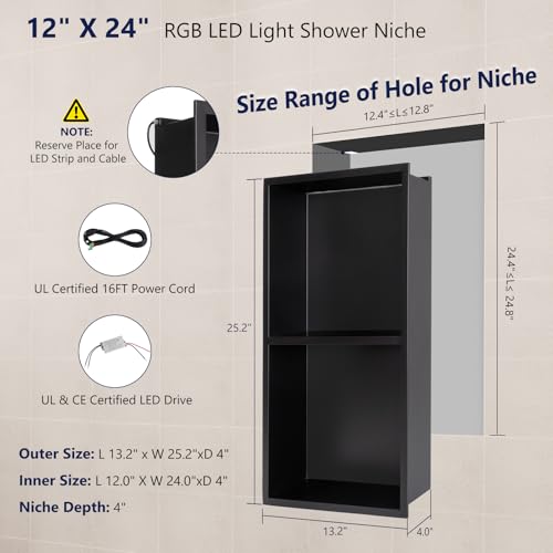 LED Shower Niche 12" X 24" RGB Shower Niche No Tile Needed | 304 Stainless Steel Shower Niche with Light, IP65 Waterproof Bathroom Niche for Shower, Remote Control, Static & Dynamic Mode - color: Matte Black-rgb, size: 12" X 24"
