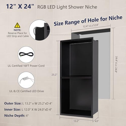 LED Shower Niche 12" X 24" RGB Shower Niche No Tile Needed | 304 Stainless Steel Shower Niche with Light, IP65 Waterproof Bathroom Niche for Shower, Remote Control, Static & Dynamic Mode - color: Matte Black-rgb, size: 12" X 24"