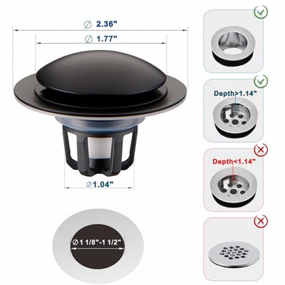 WELSAN Matte Black Pop Up Sink Stoppers for Bathroom Sink 1 1/8"-1 1/2" | Bathroom Sink Stopper Replacement, Universal Pop-Up Drain Stopper Plug Strainer with Hair Catcher, Anti-Clogging Design - color: Matte Black