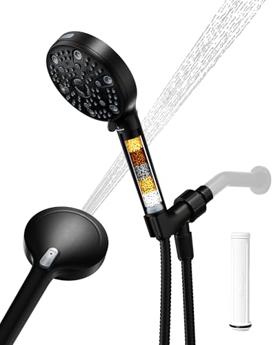 Filtered Handheld Shower Head for Hard Water, High Pressure Showerhead with 7 Spray Modes, Power Jet & Pause, Detachable & Adjustable for Healthier Skin & Hair - Matte Black (VMASSTONE HM-003) - color: Black