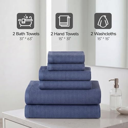 ecolook 6-Piece Waffle Weave Towel Set, 100% Cotton, Lightweight, Absorbent & Quick-Drying, 2 Bath Towels (31×63 in), 2 Hand Towels, 2 Washcloths, Lint-Free for Bathroom, Pool, Gym, Travel - Blue - color: Blue