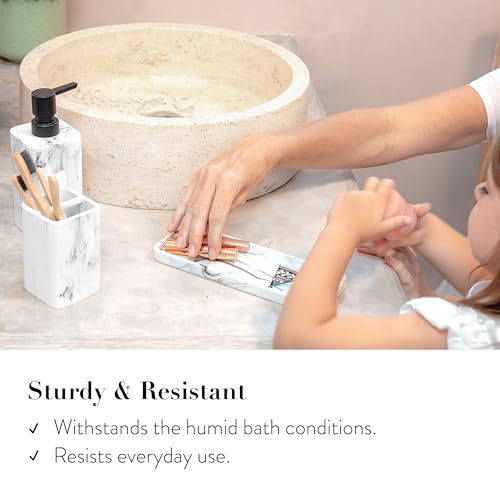 Bathroom Accessory Sets, 4 Pieces Bathroom Accessories Complete Set Vanity Countertop Accessory Set with Marble Look, Includes Lotion Dispenser, Toothbrush Holder and Tray (White Marble Look) - color: White Marble Look