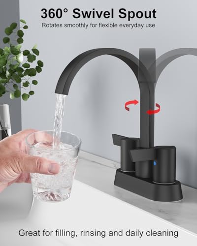 Matte Black Bathroom Faucet,4 Inch Centerset 2-Handle Waterfall | Includes Pop-Up Drain,24-Inch Supply Lines,Mounting Hardware,SUS304 Stainless Steel Construction,And A 360° Swivel Spout - color: Matte Black