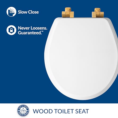 Mayfair Bennett Toilet Seat with Brushed Gold Hinges, Slow Close Wood Seat, Secure Metal Hinges, Easy Install, Made in USA, Round, White - color: Gold, size: Round