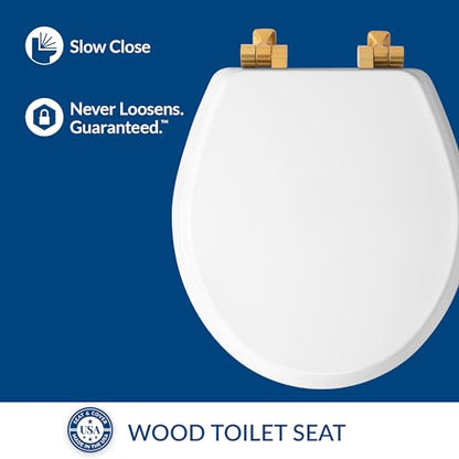 Mayfair Bennett Toilet Seat with Brushed Gold Hinges, Slow Close Wood Seat, Secure Metal Hinges, Easy Install, Made in USA, Round, White - color: Gold, size: Round