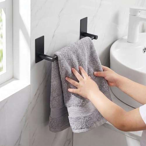 Adhesive Black Towel Bar 9-inch, Stick On Bath Towel Rack, Hand Towel Holders, No Drilling on Wall - Black - color: Black, size: 9-Inch