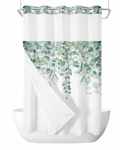 No Hook Shower Curtain and Snap in Liner Set, Green Eucalyptus Fabric Bathroom Stall Shower Curtains 36x72, See Through Mesh Top Window, Spring Summer Botanical Floral Leaves Country Hotel Style - color: Green, size: 36"W x 72"L (Pack of 1)
