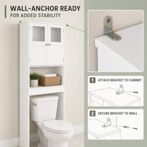 Bonnlo Over the Toilet Storage Cabinet with Adjustable Shelf White Bathroom Floor Organizer Space Saver with Double Doors, 67" Height