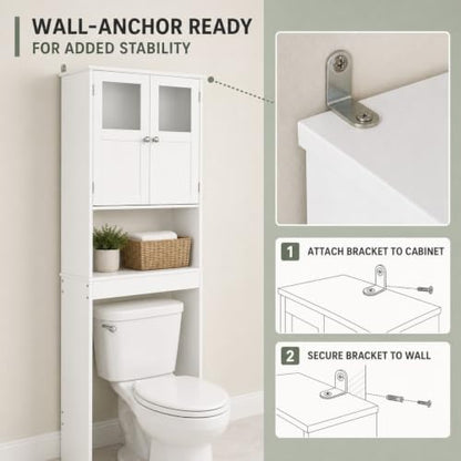 Bonnlo Over the Toilet Storage Cabinet with Adjustable Shelf White Bathroom Floor Organizer Space Saver with Double Doors, 67" Height