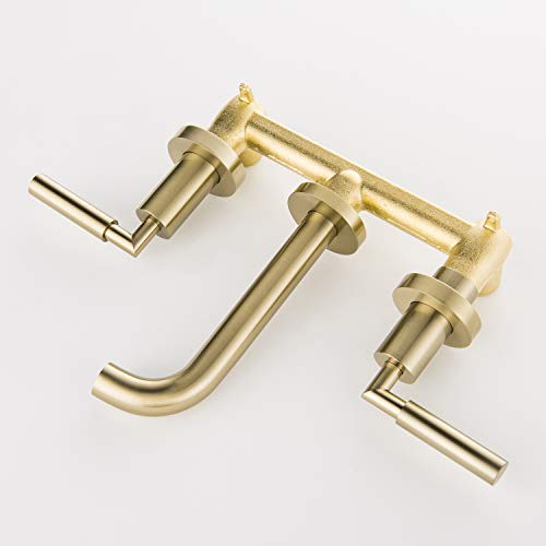 RBROHANT Brushed Gold Wall Mount Bathroom Faucet, Wall Mounted Sink Faucet, Dual Handle, Solid Brass, Rough-in Valve Included - color: Brushed Gold, style: Lever Handle