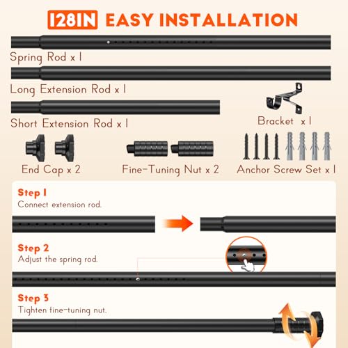 Tension Shower Curtain Rod No Drilling, Adjustable 45-128 In, Black | 1.26" Diameter Heavy Duty Tension Rod, Rustproof, Tool-Free, Easy Install, Shower Rod for Bathroom Living Room Divider Patio - color: Black, size: 45-128"