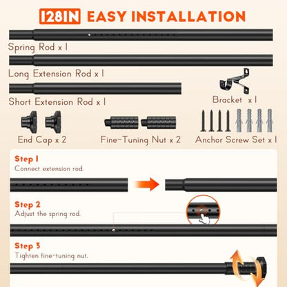 Tension Shower Curtain Rod No Drilling, Adjustable 45-128 In, Black | 1.26" Diameter Heavy Duty Tension Rod, Rustproof, Tool-Free, Easy Install, Shower Rod for Bathroom Living Room Divider Patio - color: Black, size: 45-128"