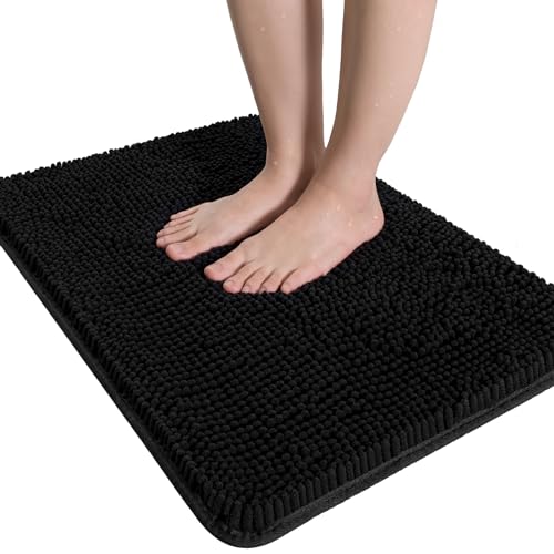 LOCHAS Luxury Bathroom Rug Shaggy Bath Mat 20 x 30 Inch, Black | Washable Non Slip Bath Rugs for Bathroom Shower, Soft Plush Chenille Absorbent Carpets - color: Black, size: 1'8" X 2'6" (20''x30'')