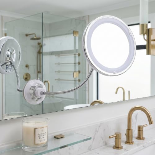 Mirror LED Lighted Mirror with Suction Cup Rotating Magnifying Makeup 10x Magnification and Adjustable Angle, 360° Free Rotation Design for Makeup in Dark or Poorly Lit Bathroom