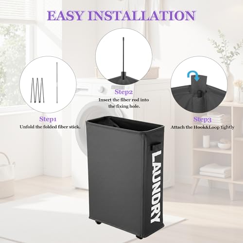 42L Narrow Rolling Laundry Basket, Slim Laundry Hamper with Wheels and Brake, Collapsible Skinny Laundry Cart for Dorm and Small Spaces, Dark Gray - color: Gray