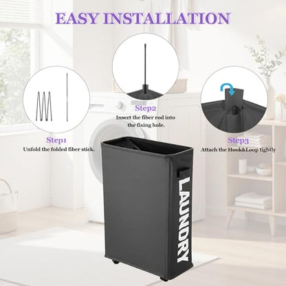 42L Narrow Rolling Laundry Basket, Slim Laundry Hamper with Wheels and Brake, Collapsible Skinny Laundry Cart for Dorm and Small Spaces, Dark Gray - color: Gray