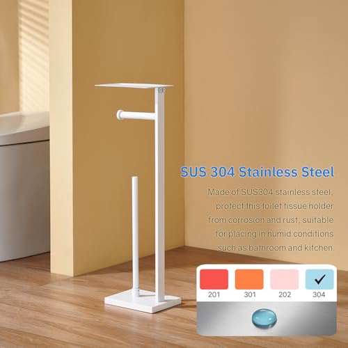 Freestanding Toilet Paper Holder for Bathroom–Stainless Steel Square Tissue Dispenser with Storage Tray & Roll Organizer (White) - color: White