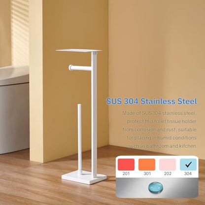 Freestanding Toilet Paper Holder for Bathroom–Stainless Steel Square Tissue Dispenser with Storage Tray & Roll Organizer (White) - color: White