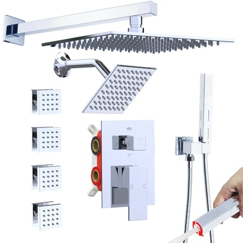 Enga Dual Heads Shower System with Body Jets, Shower Faucet Set 10 Inch Rainfall with 6 Inch Showerhead, 4 Body Jets with 2 in 1 Handheld Spray, Chrome - color: Chrome, style: Wall-10"+6"+4Jets
