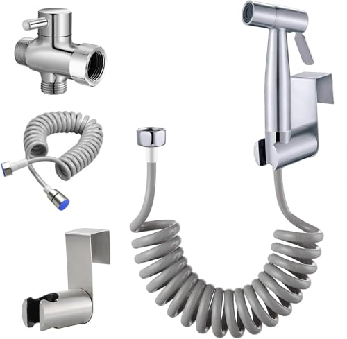 Handheld Bidet Sprayer for Toilet Kit,Stainless Steel Muslim Shower Toilet Bidet Faucets Attachment Set with T-Valve,Adjustable Water Pressure,Toilet Hose Sprayer,Cloth Diaper Spraye for Baby Wash - color: Silver set
