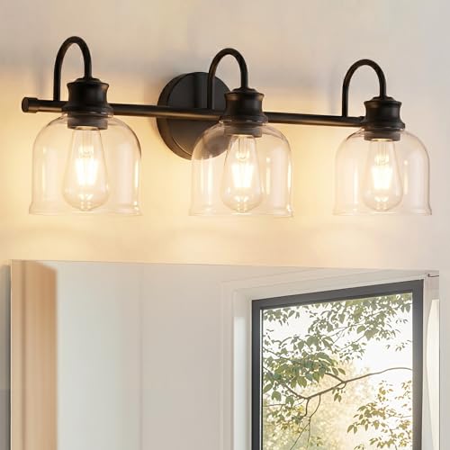 URSOLA 3 Lights 24" Bathroom Vanity Light Fixtures, Matte Black Traditional Classic Vanity Light with Clear Glass, Bathroom Lighting Fixtures Over Mirror - color: Black, size: 3 Lights