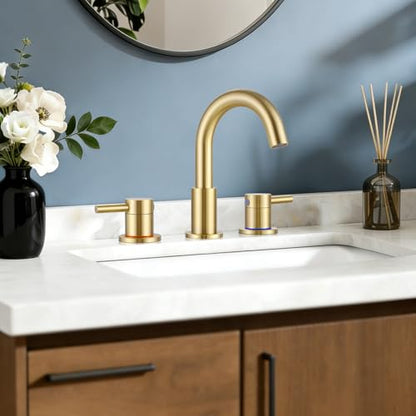 FGKQ 3-Hole 2-Handle Widespread Bathroom Sink Faucet, Brushed Gold | Stainless steel, pop-up drain included, 360°swivel spout, for vanity sink 3-hole mount, 8-in widespread - color: 1-Brushed Gold