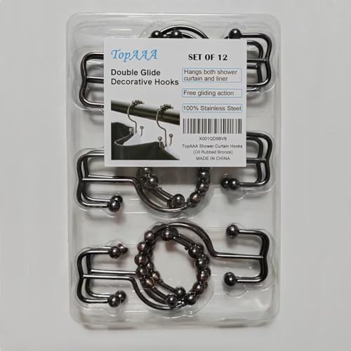 Double Glide Roller Shower Curtain Hooks, Oil Rubbed Bronze,12PCS | 100% Stainless Steel, Curtain Hooks Rings for Bathroom Shower Rods Curtains and Liners, Easy Glide Rollers - color: Oil,bronze
