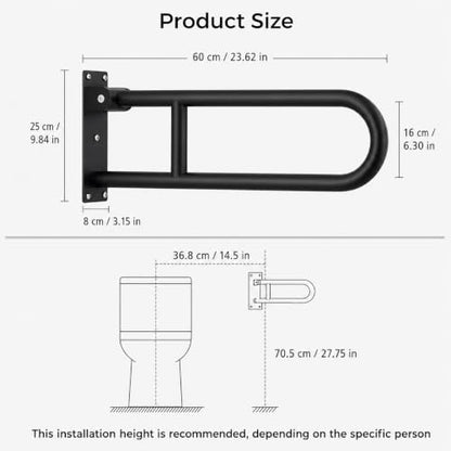 Toilet Safety Rail Stainless Steel: Modunful 304 Grab Bar with Arm Support - 23.6" Width, 400 lbs Capacity for Elderly, Disabled, Bathroom Safety, Wide Base Black - color: S-2932.Black
