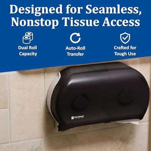 San Jamar Classic Bath Tissue Dispenser – Twin 9", Jumbo Bath Tissue Holder for Bathroom, Dual-Roll System, Break-Resistant Plastic, 3.25" Core, 12" × 19" × 5.25", Pearl Black