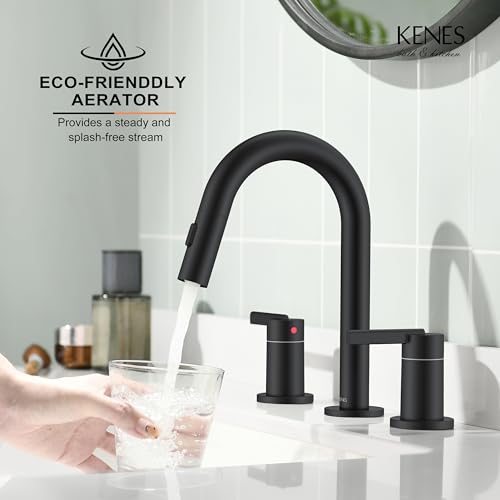 Matte Black Pull Down Widespread Bathroom Faucet 2 Handle 3 Hole | Pull Out Bathroom Faucet with Pop Up Drain & Supply Lines, Lead-Free cUPC & NSF Certified, 8 Inch Faucet for Vanity RV Sink - color: Matte Black