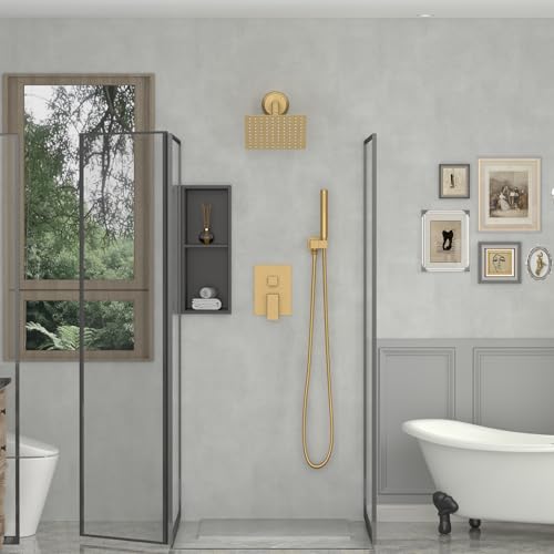 8 In Rain Shower Head High Pressure Rainfall Shower Head Brushed Gold | Square Rain Bathroom Showerhead, High Flow, Large Stainless Steel, Ceiling Mounted, Wall Mounted, Waterfall Full Body - color: Brushed Gold, size: 8 Inch