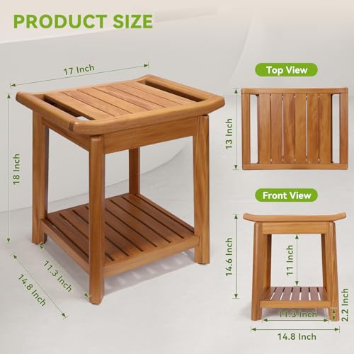 Teak Shower Stool 17" for Inside Shower, HeavyDuty Shower Bench Seat | Non-Slip Shower Stool with Storage Shelf, Waterproof Shower Chair for Seniors & Post Surgery, Safe Bathing & Everyday Comfort - size: 17"-Comfort+