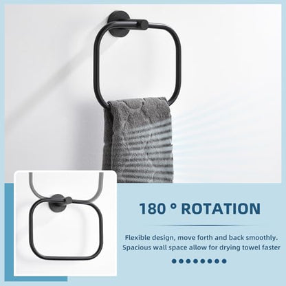 Matte Black Hand Towel Ring for Bathroom Storage, Wall Mounted | Sturdy & Rust-resistant Stainless Steel, 180° Swivel for Easy Towel Access, 7.09" Square Towel Holder, Space-saving Design - color: Matte Black