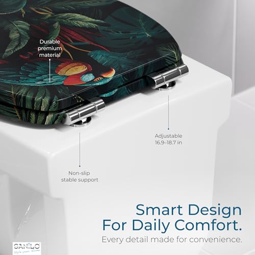 SANILO Wooden Toilet Seat with Soft Close [ROUND] - Decorative, Quiet & Slow Close Molded Wood Seat - With Strong Bumpers & Hinges - Adjustable Fit – Exotic - color: Exotic