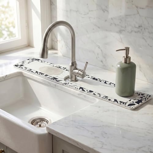 Faucet Mat for Kitchen Sink Splash Guard, Kitchen Sink Mat, Floral Stone Drying Mat for Kitchen Counter 23.6*3.9 inch Beige